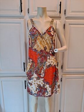 Etcyy Gold Metal Chain-Strap Paisley Floral Mini Dress Orange Cream Soft Pockets